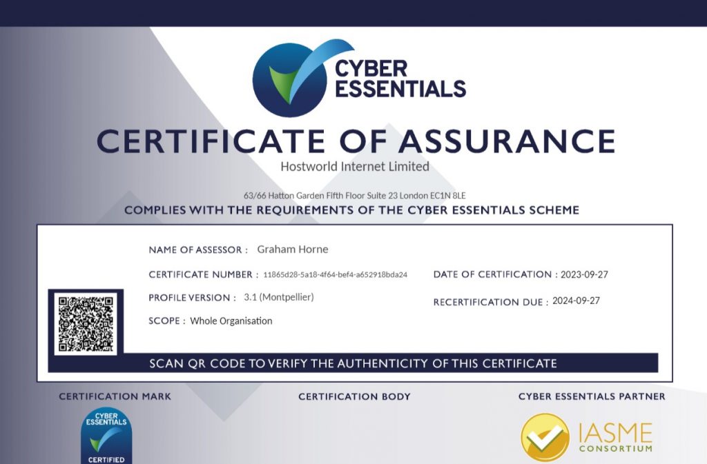 Cyber Essentials Certificate of Assurance for Hostworld