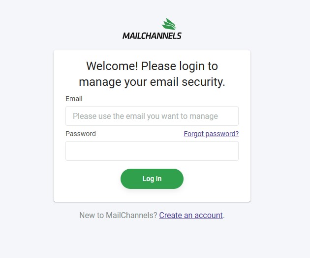 Screenshot showing the MailChannels login screen